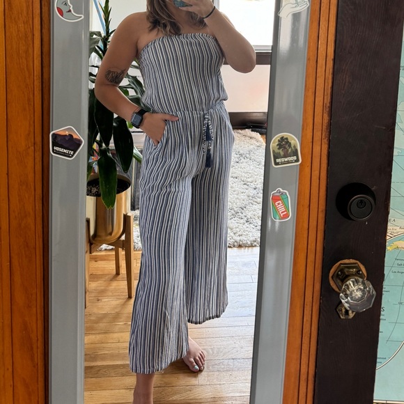 Blue and White Striped Strapless Jumpsuit - Picture 4 of 4